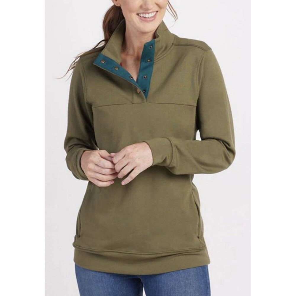 Woolx Charlie Merino Flex 4 Button Snap Pullover Long Sleeve Olive Green Medium